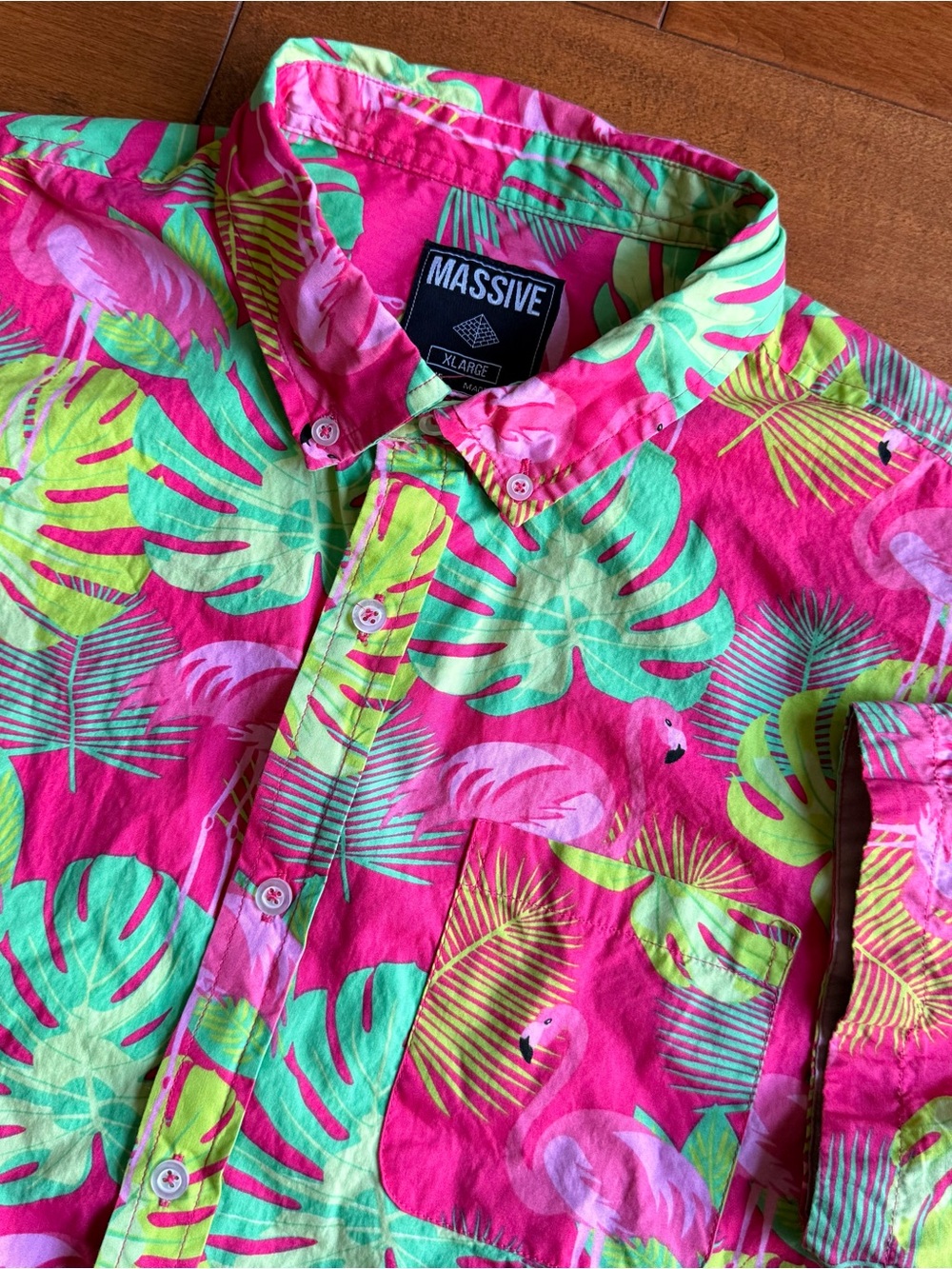 Massive Retro Pink Tropical Flamingo Hawaiian Floral Short Sleeve Button Up - XL